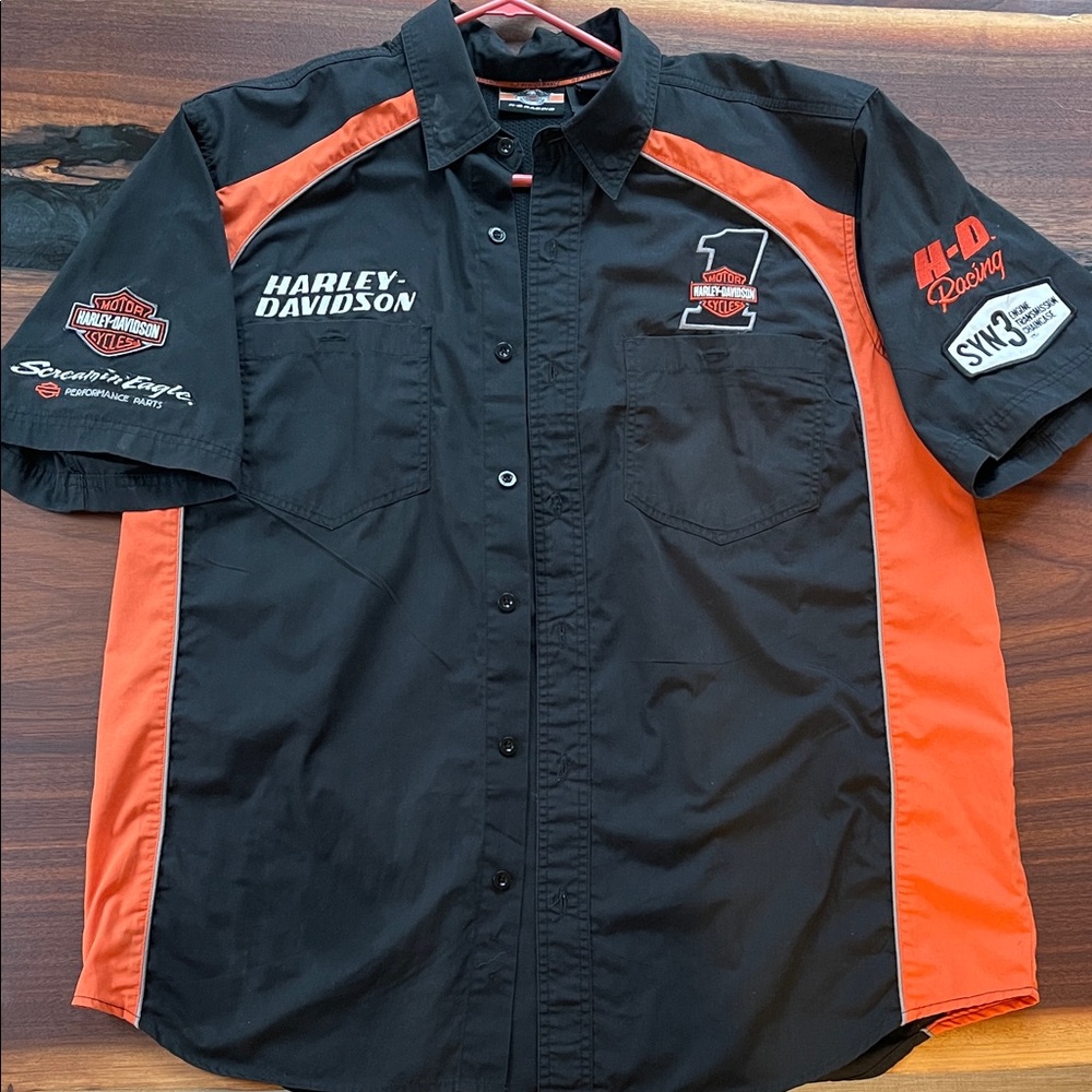Harley-Davidson Racing Men's Black and Orange Button Down Shirt